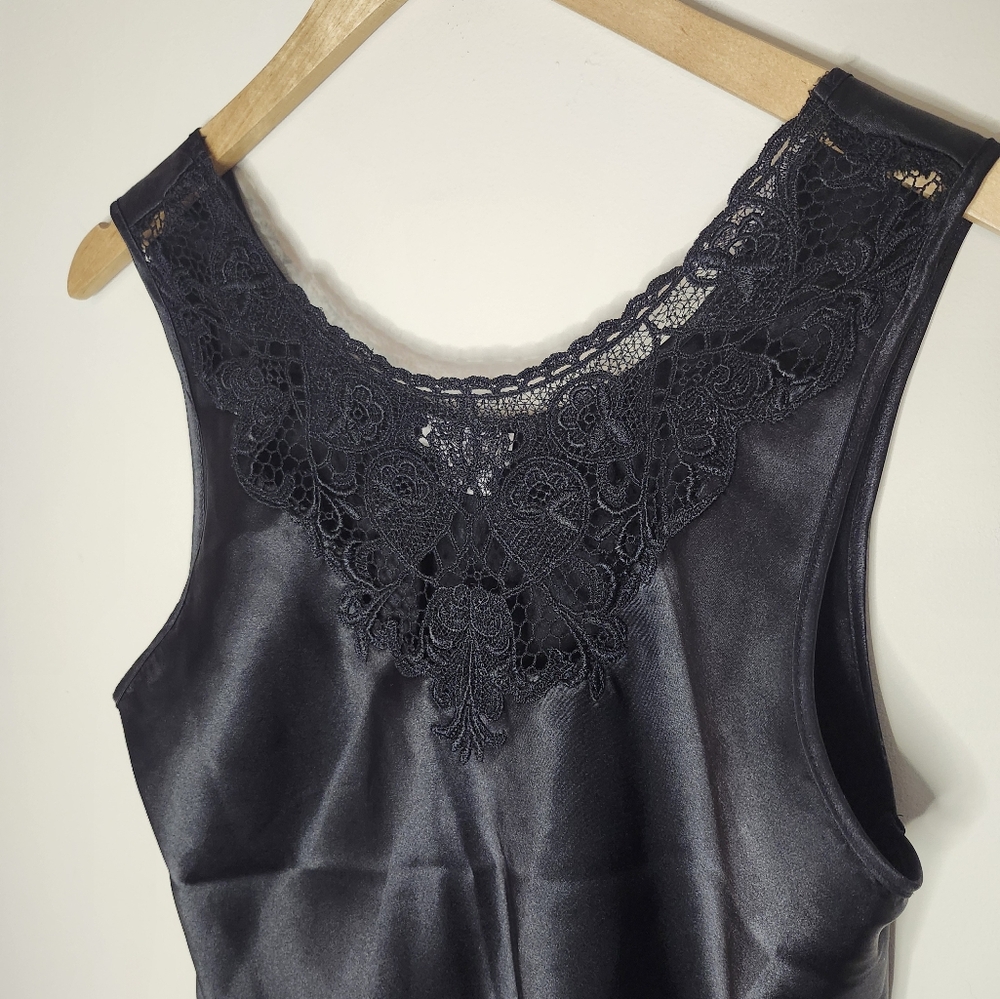 Black Satin Lace Tank Top Sleeveless Blouse Cami Elegant Dressy Women's - Picture 2 of 7